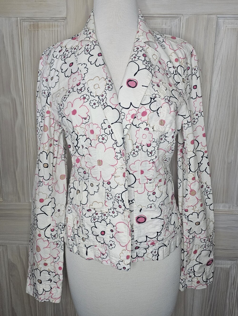 LOFT Off White Floral Blazer with Pink & Black Accents In Size 8